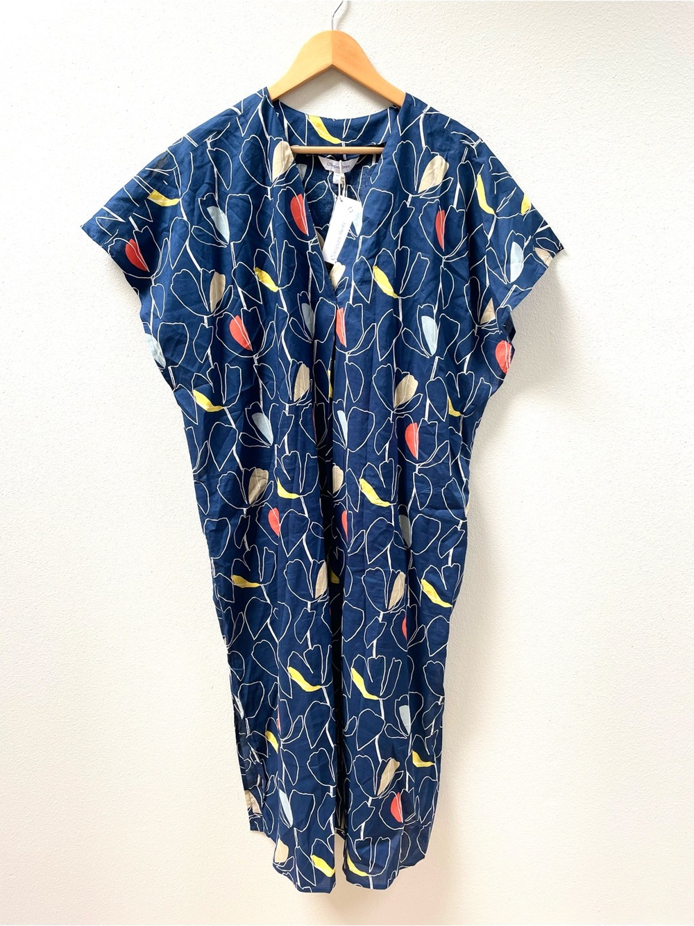 The Company Store Navy Blue Tulip Print Cotton Caftan, Swim Coverup, Women's XXL